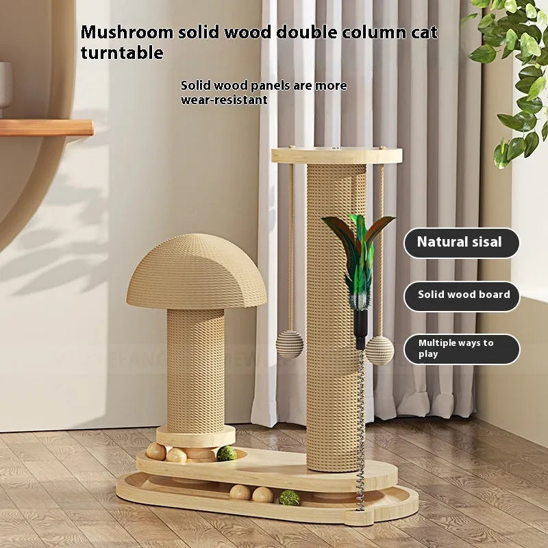 Solid wood cat scratching post with a central oval-shaped turntable platform for cats to play on.
