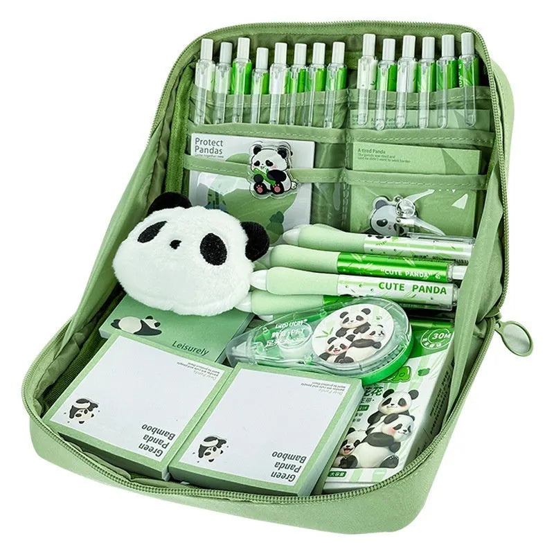 Green canvas 12-layer panda pencil case with zip closure, shown open to reveal compartments.
