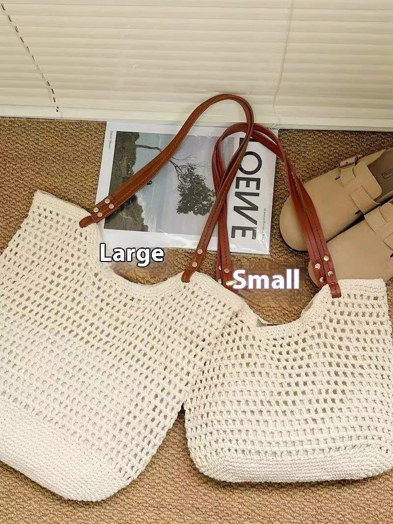 Beige woven cotton linen shoulder bag with large capacity, shown with magnetic snap and zipper closure options.