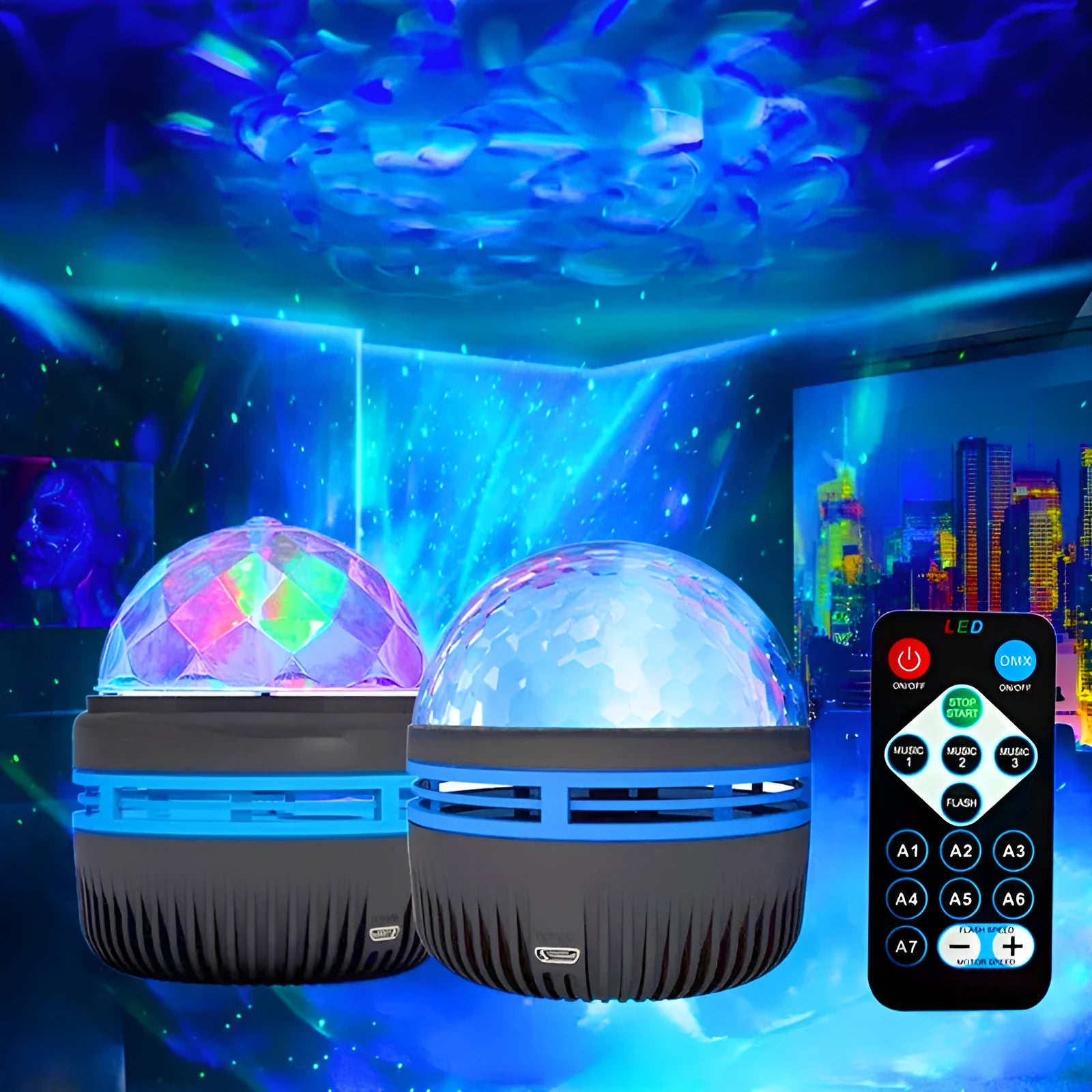 Compact USB-powered LED galaxy projector lamp with remote control on a table