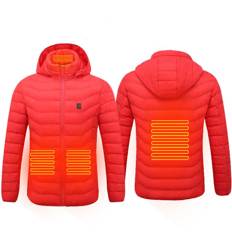 Heated puffer jacket with 9 heating zones, adjustable hood, and insulation for skiing in cold weather