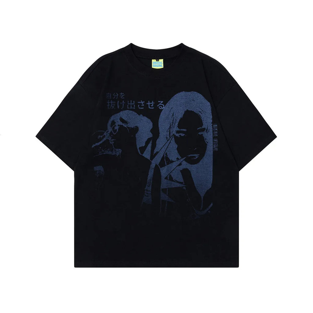 Men's black t-shirt with retro character painting pattern in loose fit cotton design