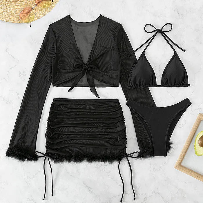 Black long-sleeve women's bikini set for swimming and beach sports