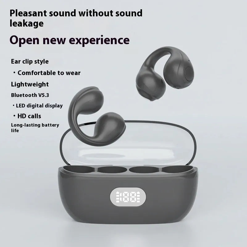 Large Power Clip-on Wireless Sports Earphones in black, with bone conduction and digital display for secure sports audio