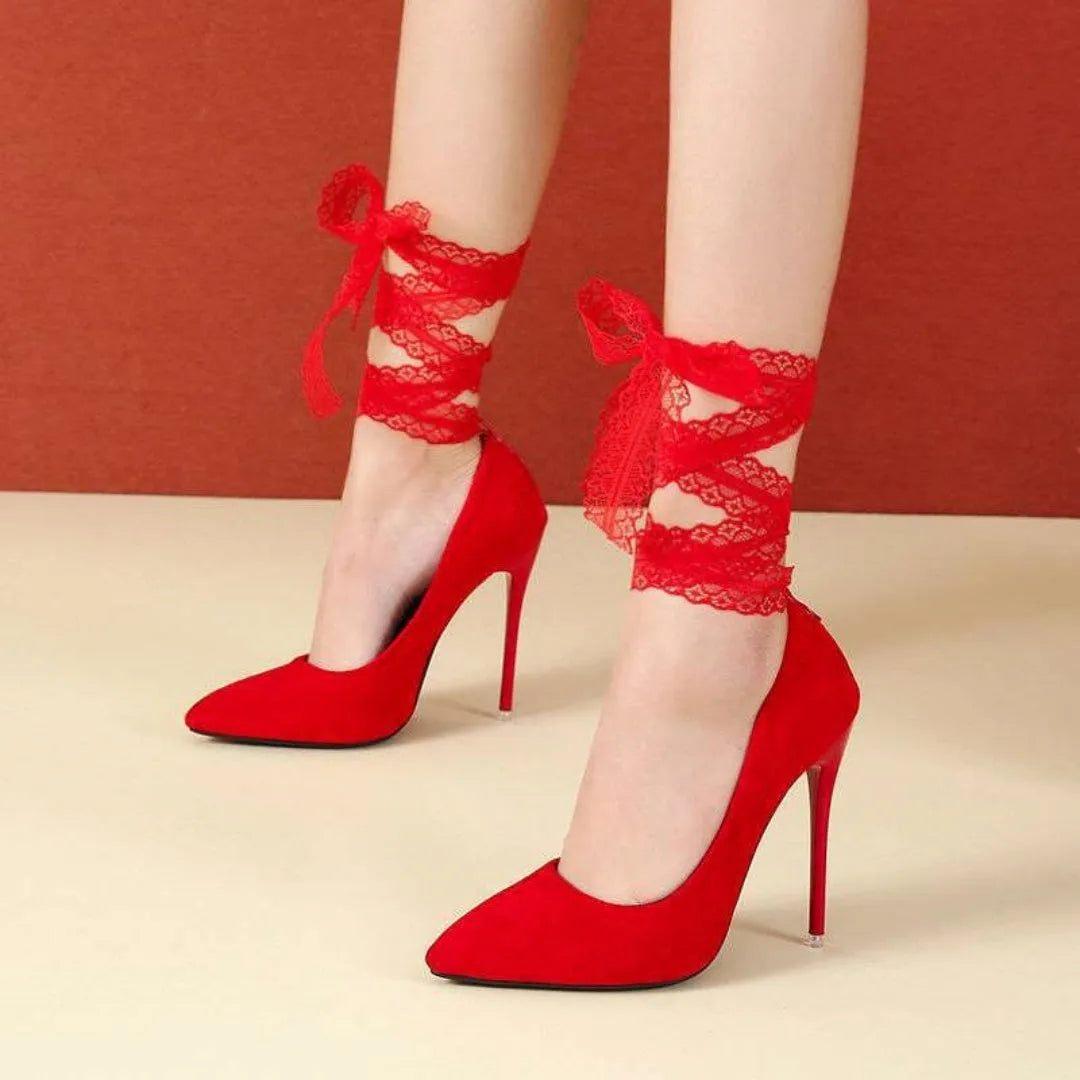 Women's thin shallow mouth court shoes with pointed toe and stiletto heels in black or red with fabric or lace straps