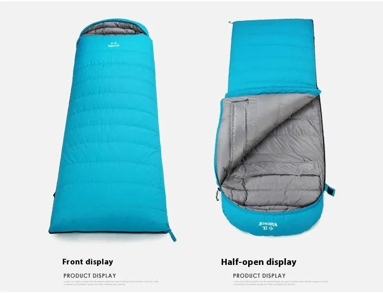 Black outdoor sleeping bag with goose down filling and durable nylon fabric.