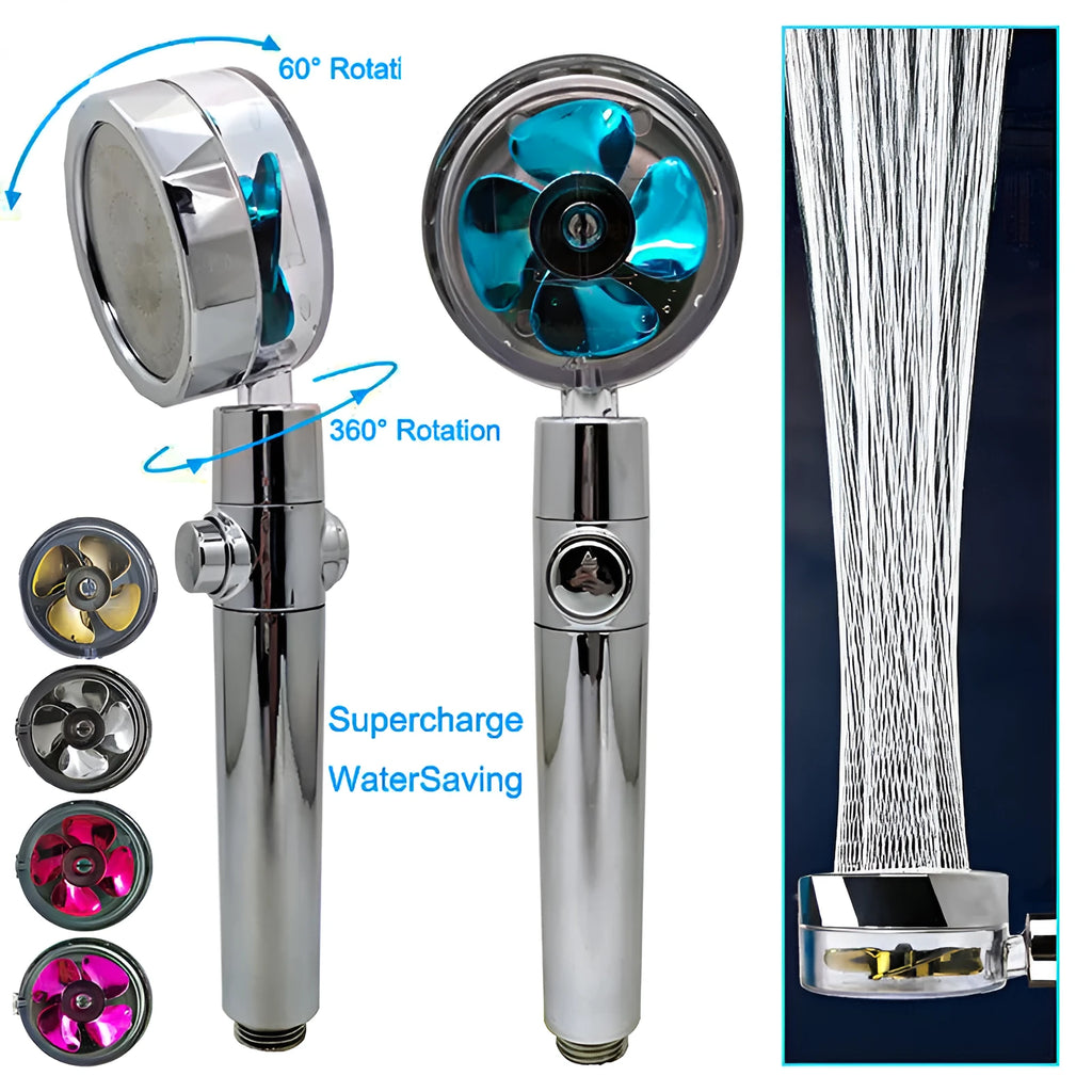 Water-saving shower head with chrome finish and rotating high-pressure spray nozzle