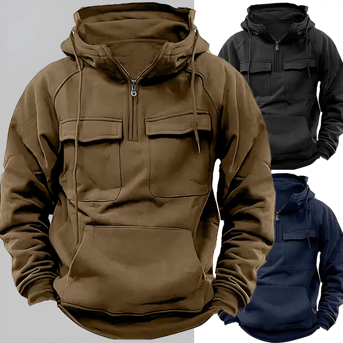 Men's zip-up hoodie sweatshirt with drawstring hood and side pockets in black