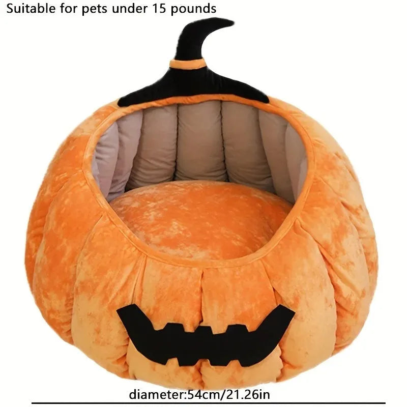 Halloween pumpkin cat bed with cartoon devil design in plush fabric for cats and small dogs