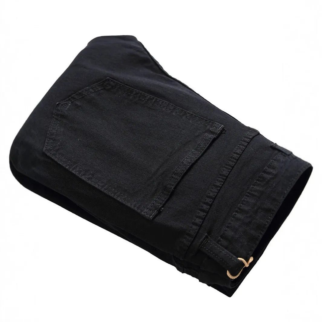 Tight ripped skinny solid colour men's denim trousers with mid waist and zipper fly