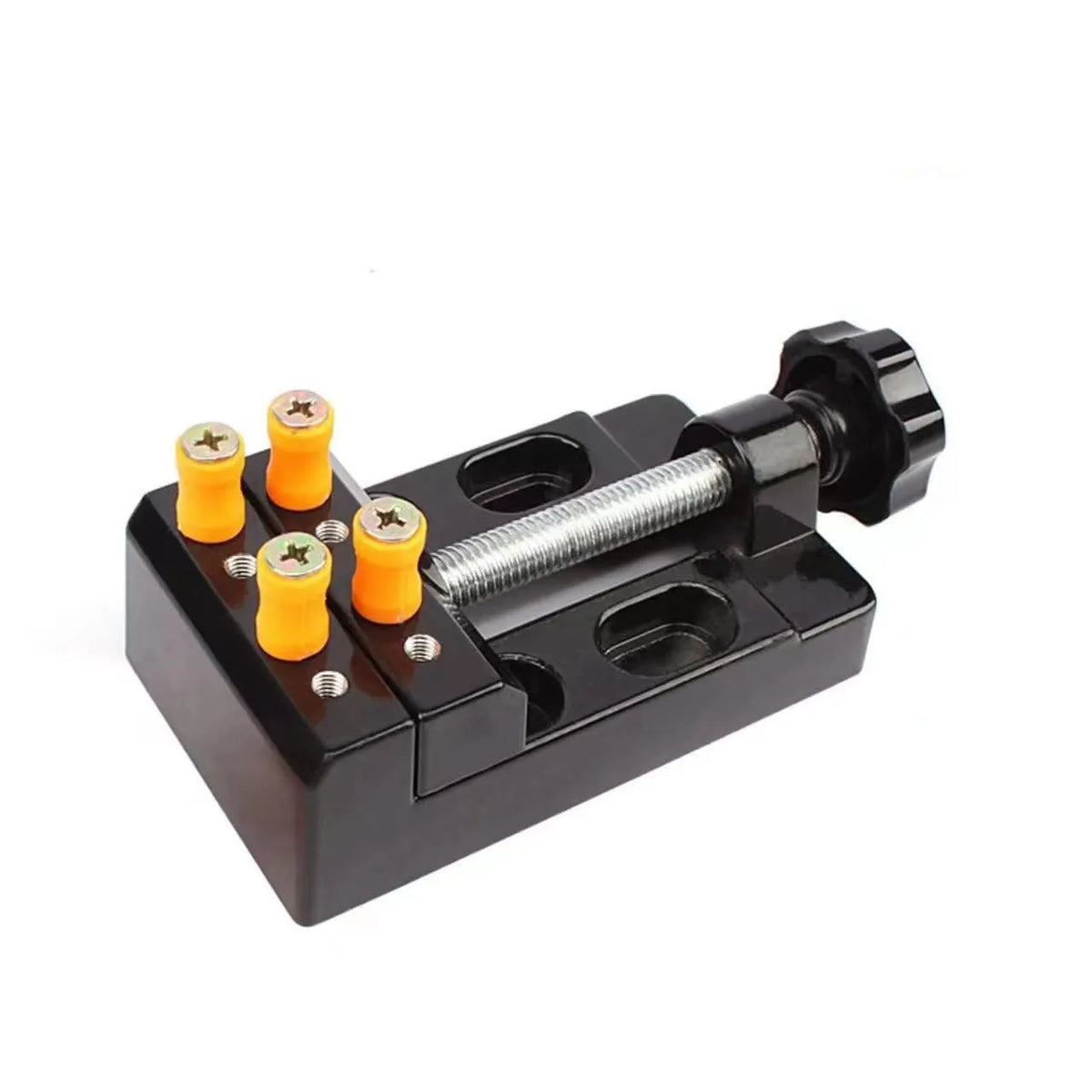 High precision small bench drill with aluminum alloy base, copper wire motor, seven gears adjustment, and stainless steel chuck on workbench.