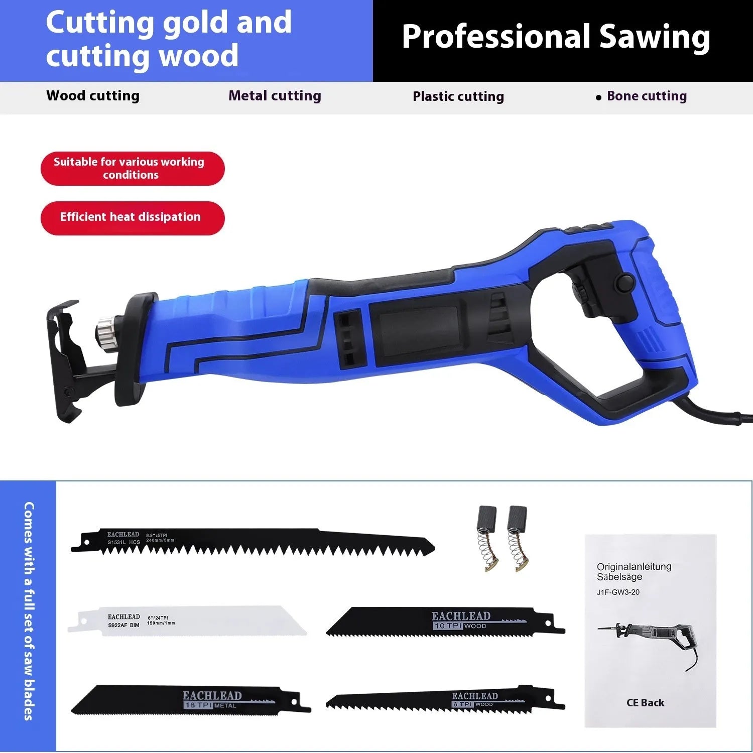 Handheld lightweight brushed plug-in logging tool with 1180W power and 11mm sawing capacity