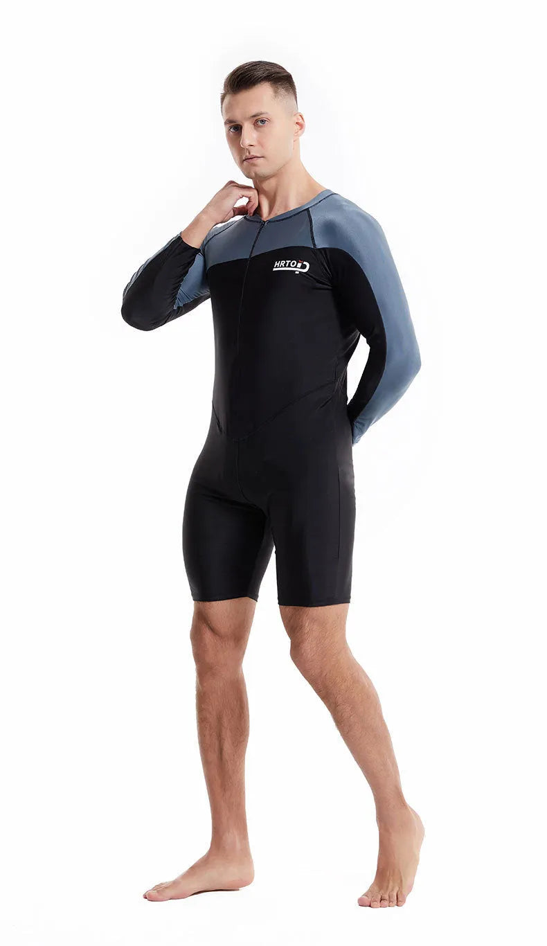 Men's professional diving one-piece swimsuit in black and gray shark skin style