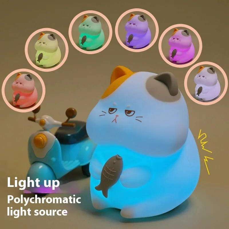 Greedy Cat cartoon desktop night light showing touch control and character design options