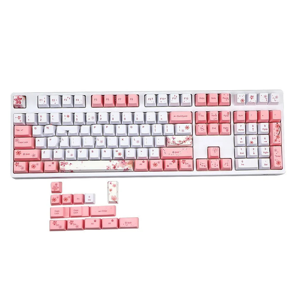 Sakura keycap set with pink cherry blossom pattern on OEM height five-sided sublimation keycaps for mechanical keyboard