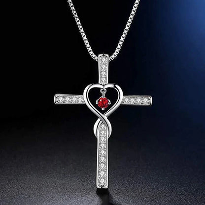 Christian Cross Birthstone Pendant Necklace with Zircon Heart in gold-plated finish