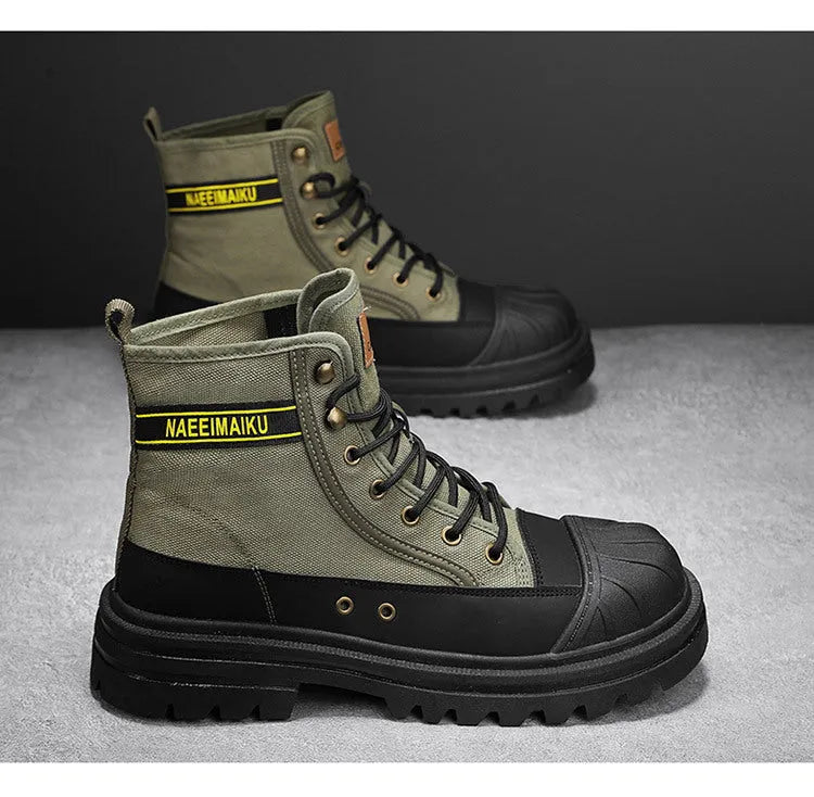 Men's thick-soled canvas casual motorcycle boots in black with front lace-up and round toe, side view