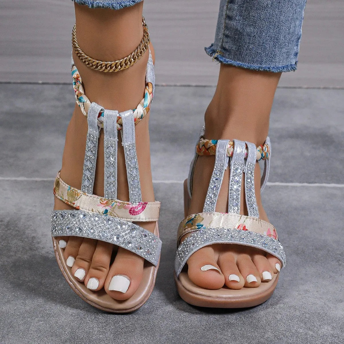 Women's bohemian wedge peep toe sandals elastic slip-on low top in sky blue