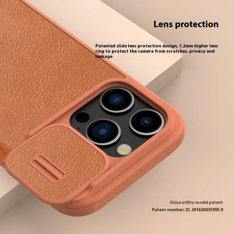 Black imitation leather flip phone case for iPhone Pro models shown open.