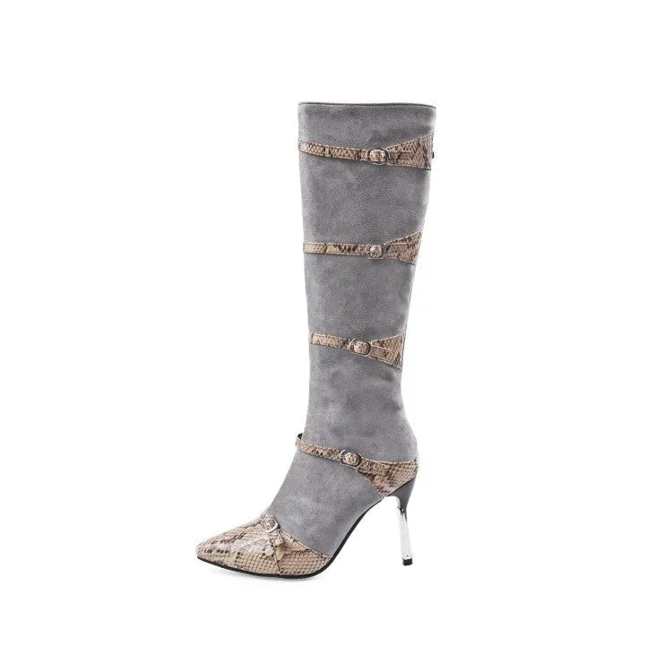 Women's grey knee-high boots with a thin high heel on a white background.