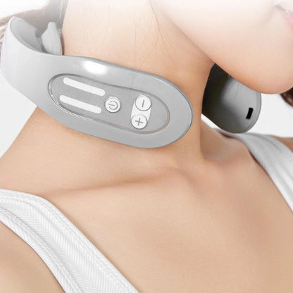 EMS Neck Massager with heat function in gradient blue, showing ergonomic design