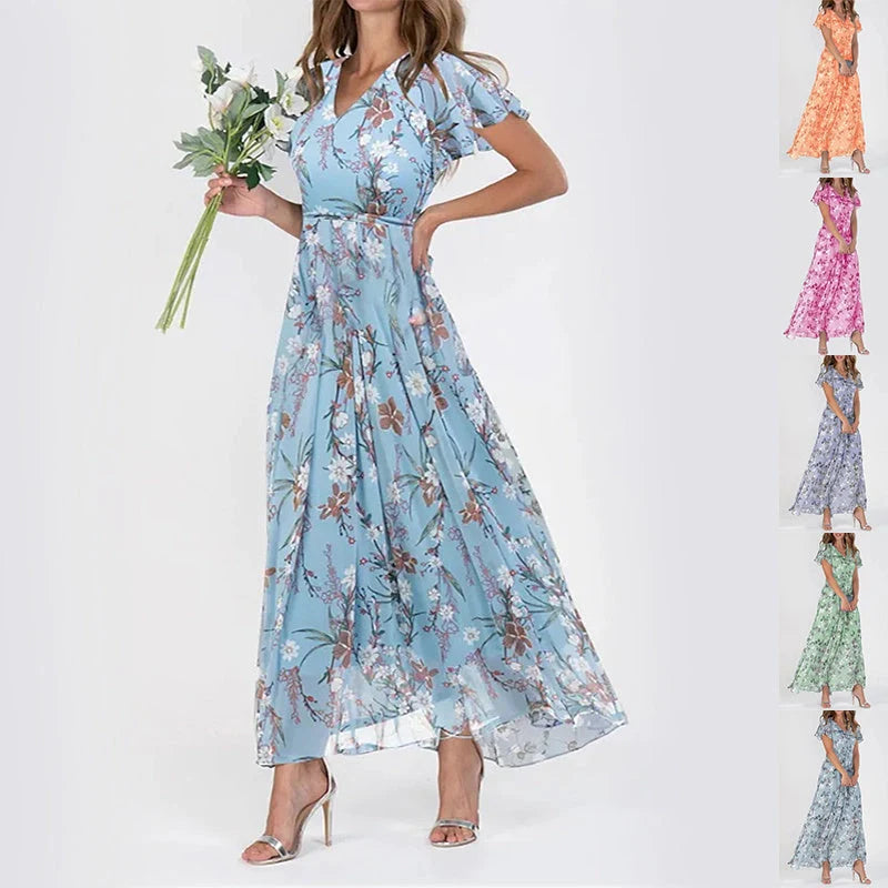Floral print V-neck A-line dress with ruffle sleeves for women