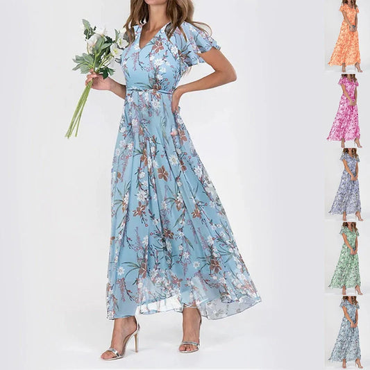 Floral print V-neck A-line dress with ruffle sleeves for women
