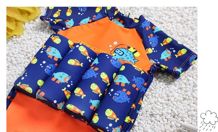 Red children's buoyancy swimsuit with dinosaur cartoon pattern for toddlers aged 1-7 years
