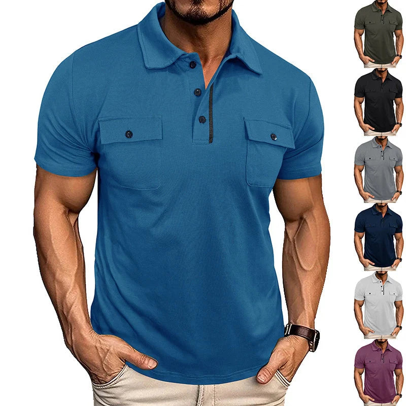 Men's summer lapel button polo shirt with pockets in various colours
