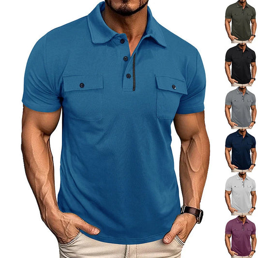 Men's summer lapel button polo shirt with pockets in various colours