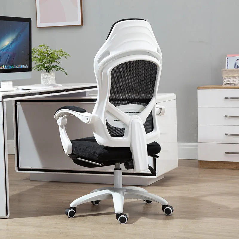 Black rotating computer gaming chair with linkage armrests and nylon wheels