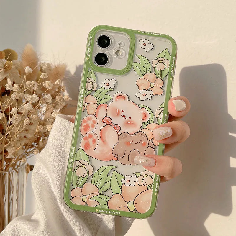 Transparent TPU phone case with hand-painted bear and floral design for iPhone 13