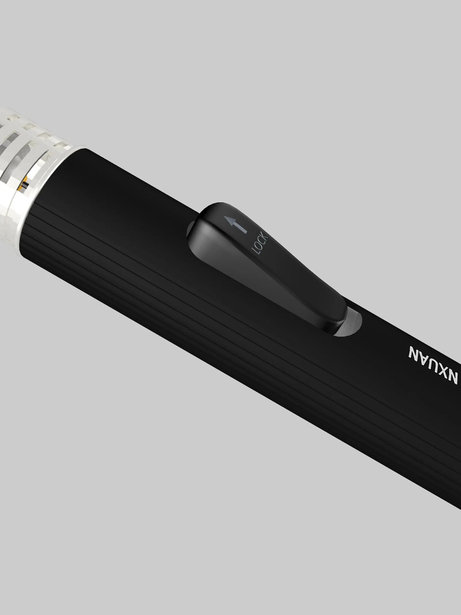 Black portable metal flamethrower torch with frosted finish and child lock, shown with gas bottles for outdoor use.