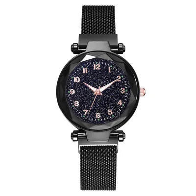 Starry sky digital luminous quartz watch with round 20.5mm dial and alloy strap on display