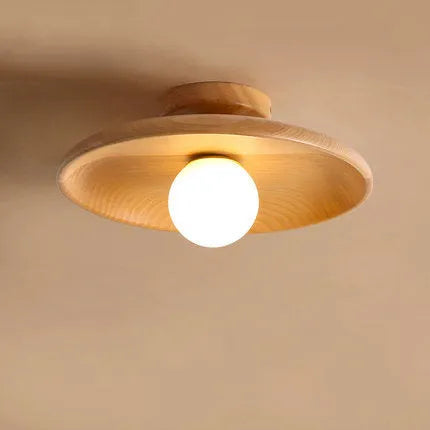 Solid wood ceiling lamp with glass shade in minimalist circular design