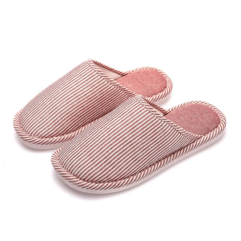 Household stripes non-slip cotton slippers with PVC sole, wine red colour, round toe, half-covered heel