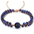 Handmade woven geometric bracelet with tiger eye stone beads and adjustable pull cord
