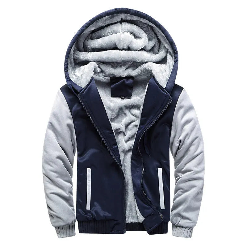 Men's loose-fit hooded polyester cardigan jacket with zip front and side pockets in black