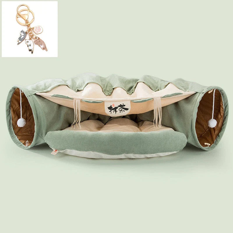 Collapsible cat tunnel in durable cloth, perfect for indoor play and easy storage