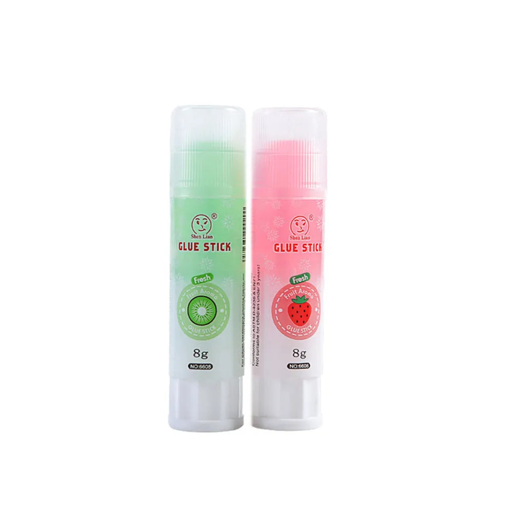 Two pieces of jelly solid glue with fruit print, showing compact 8.5cm size.