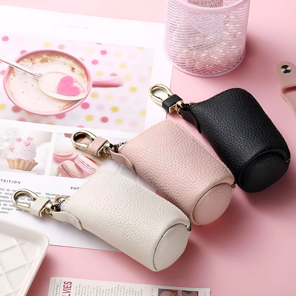Men's black waterproof pu leather zipper key ring with key case showing expansion storage