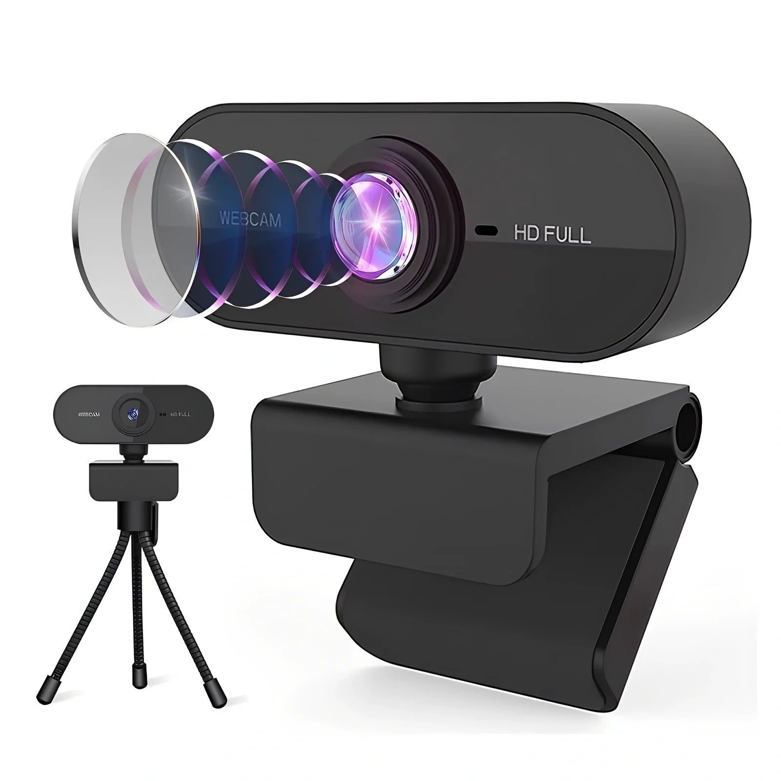 1080P USB webcam with rotatable cameras and built-in microphone in black