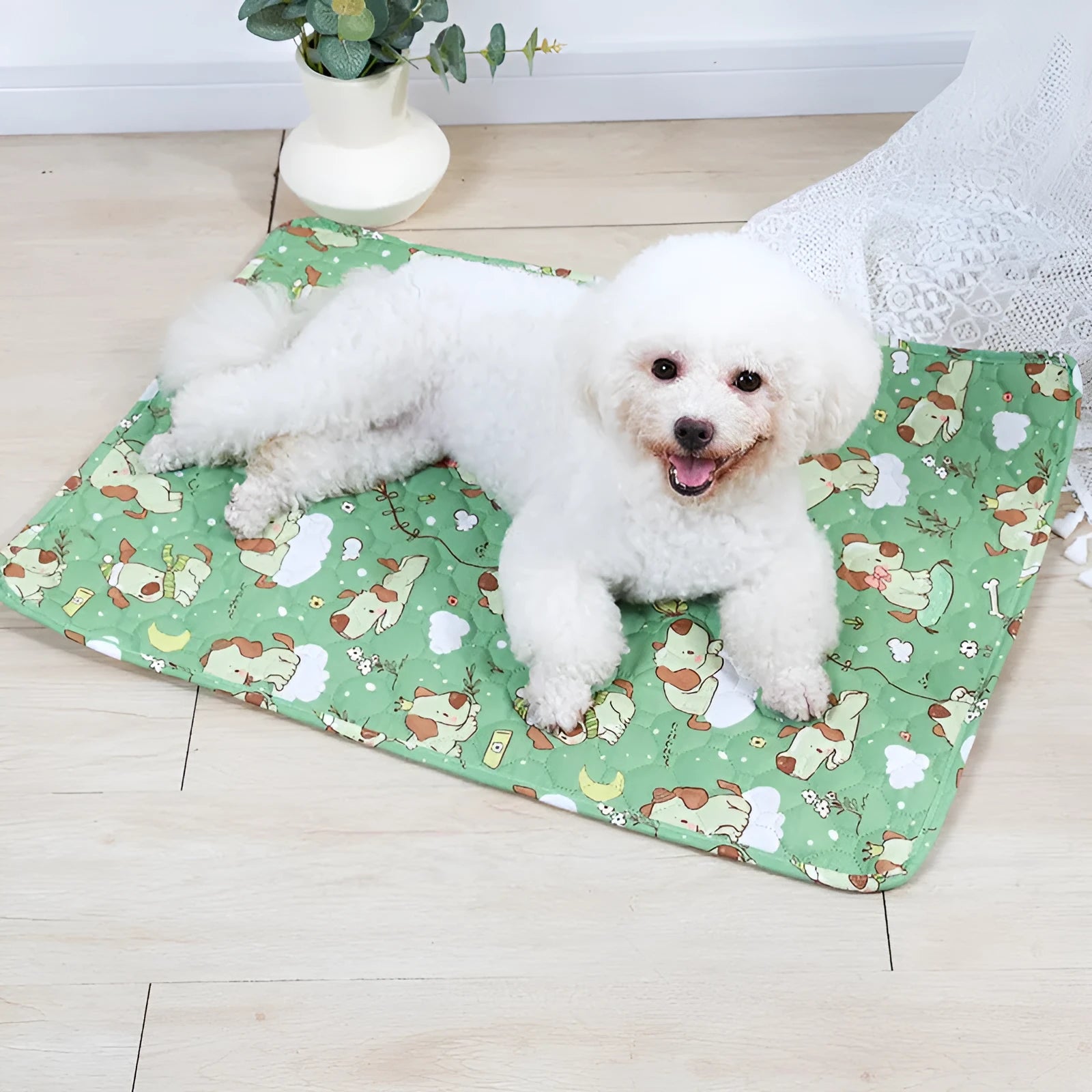 Reusable waterproof pet training pad with animal print design on a wooden floor
