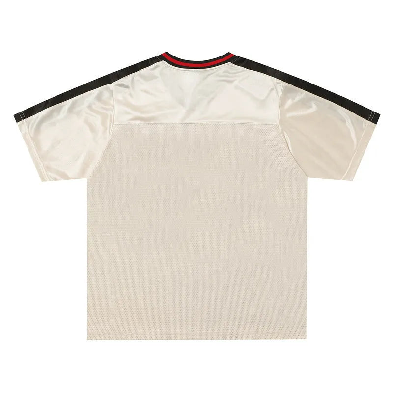 Apricot sports V-neck jersey with letter pattern, drop-shoulder sleeves, loose fit couples top