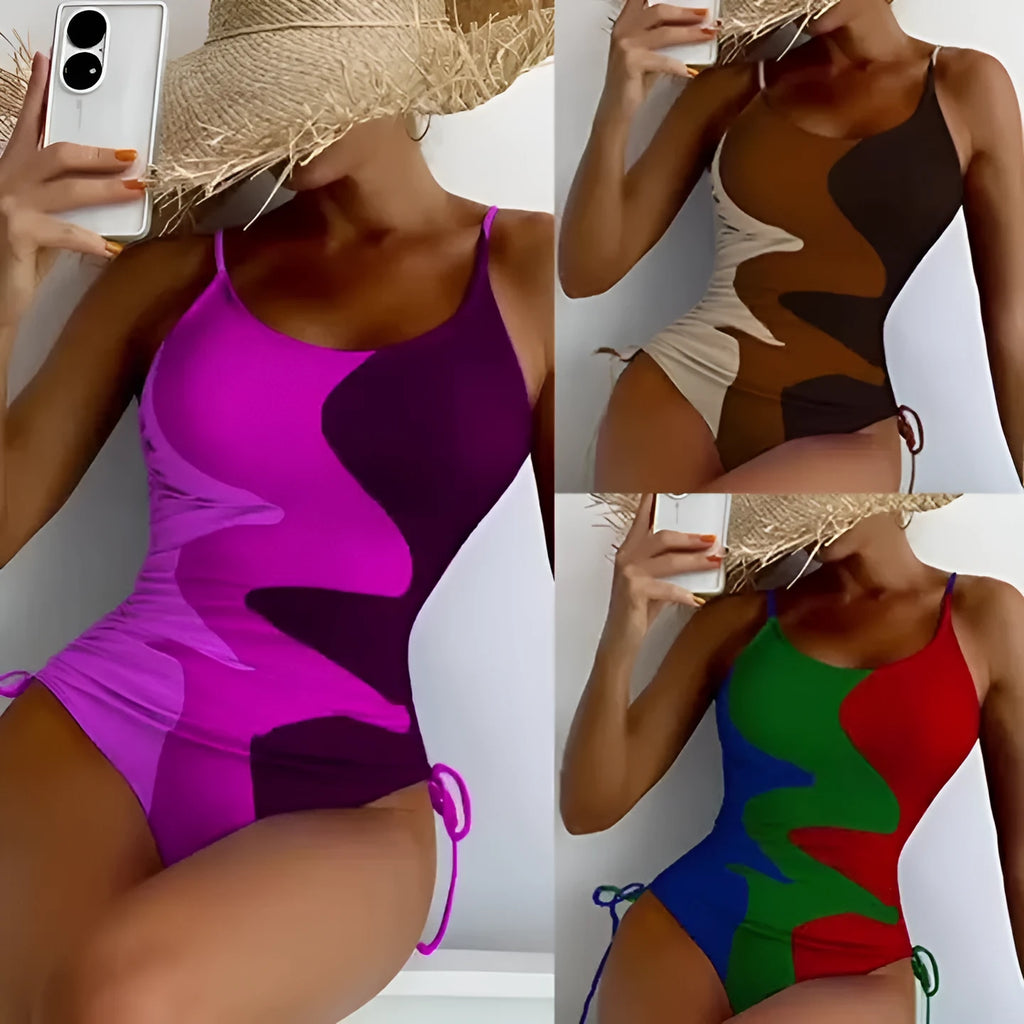 Blue sleeveless backless one-piece swimsuit for women on a mannequin, showing the tight-fitting striped design.