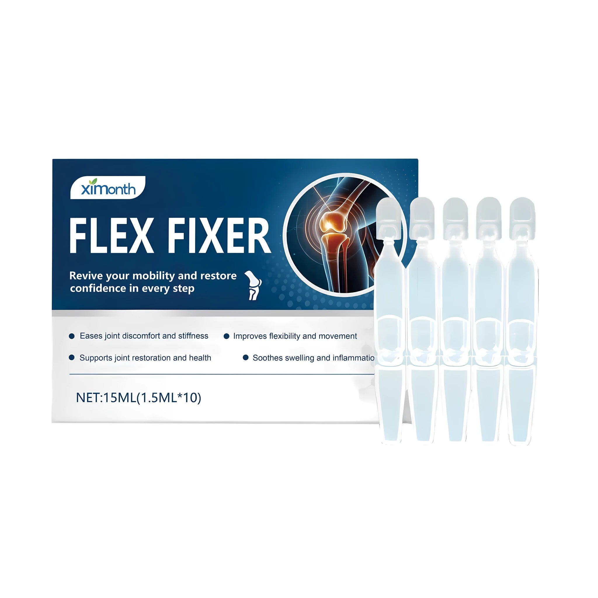 Flex Fixer 15 ml roll-on gel bottle for joint care with botanical extracts.