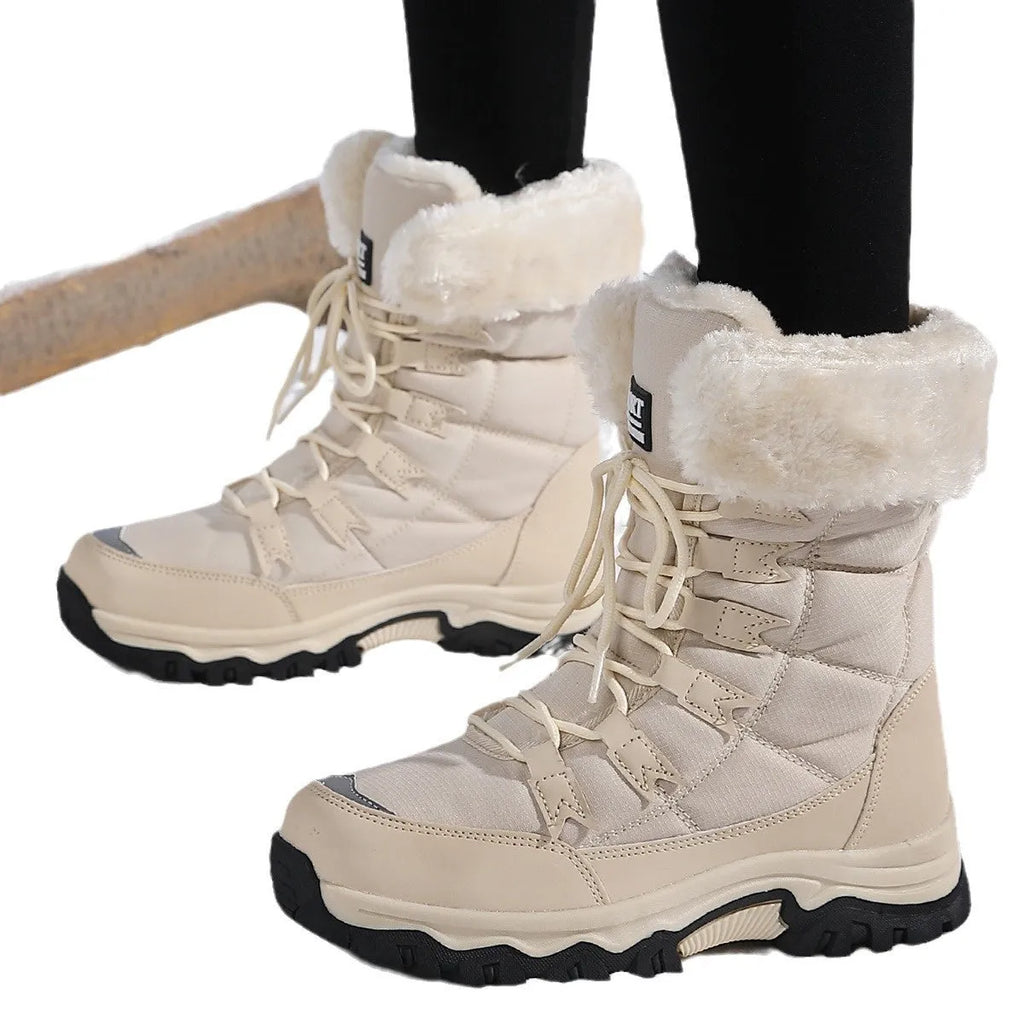 Women's warm mid-calf fleece-lined thick cotton snow boots with synthetic leather upper, rubber outsole, front laces, flat heel