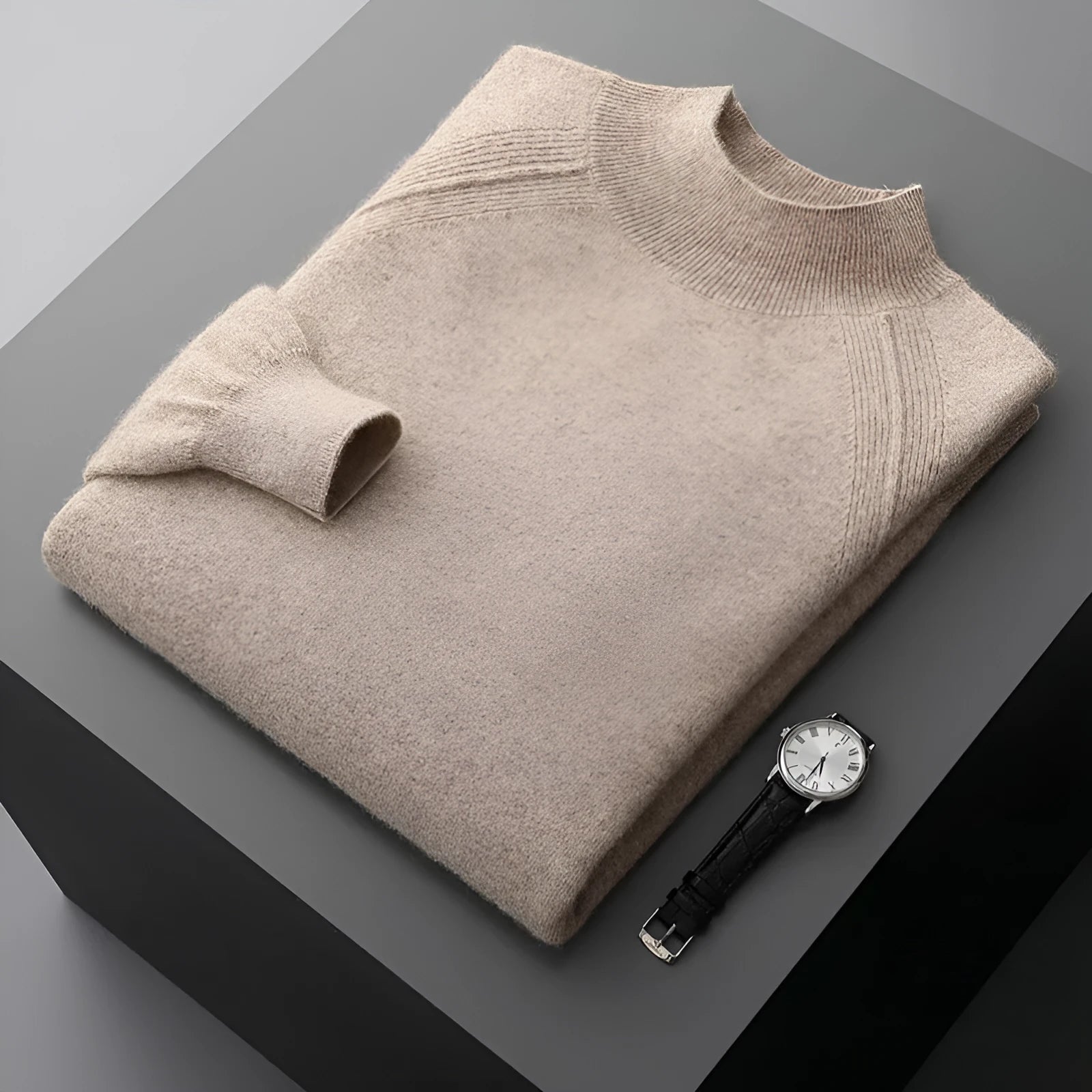 Men's half turtleneck cashmere knitted raglan sleeve sweater in dark camel colour, loose fit pullover style