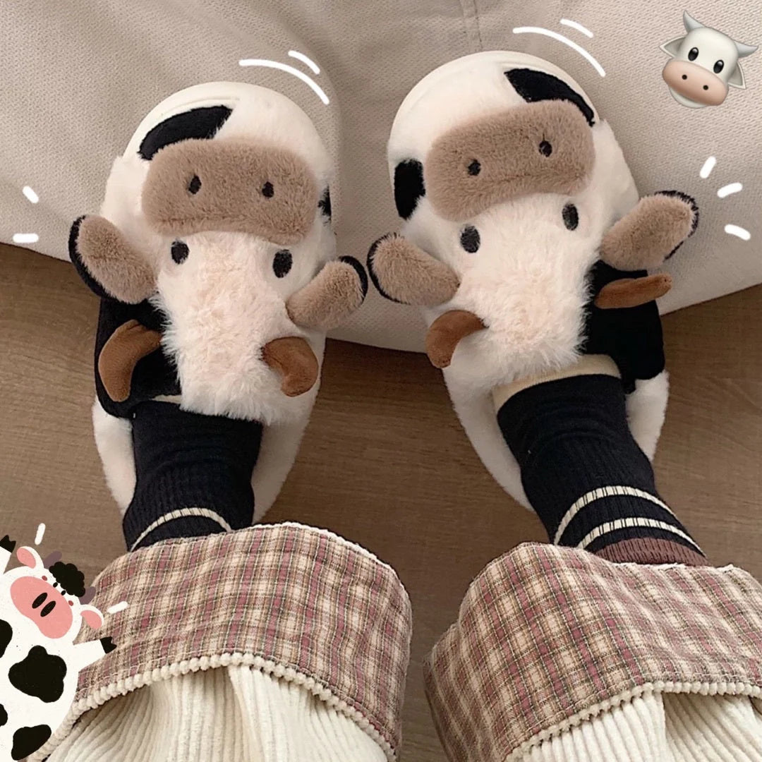 Women's Kawaii Cow Slippers with plush lining and non-slip sole