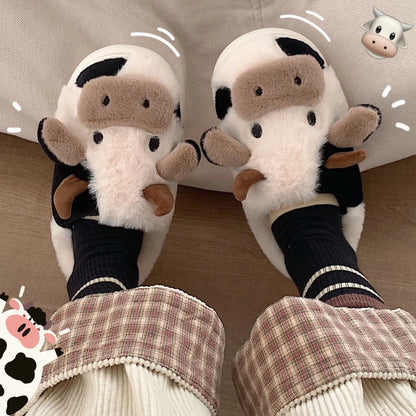 Women's Kawaii Cow Slippers with plush lining and non-slip sole